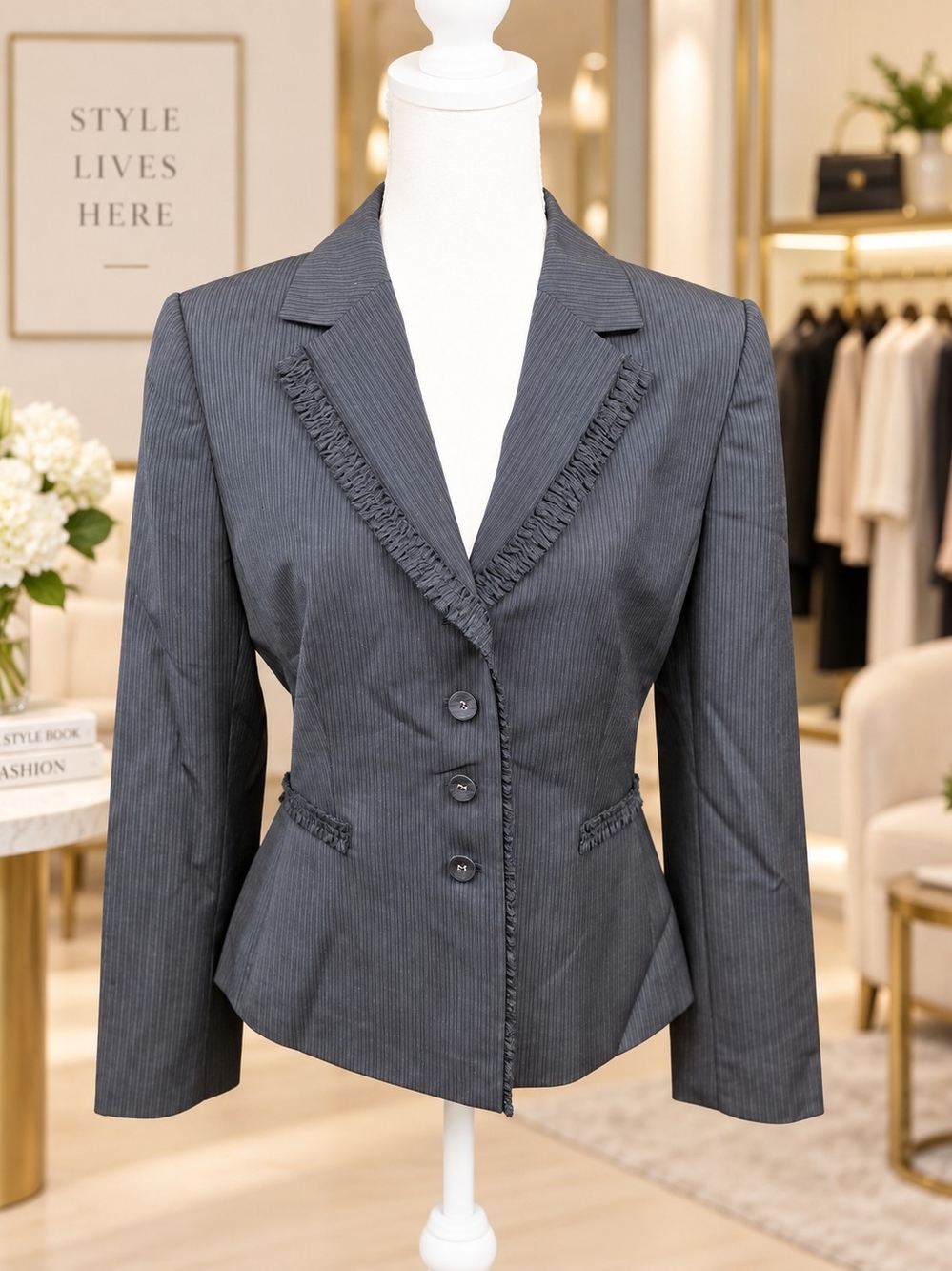 Tahari Size 8 Charcoal Pinstripe Wool Blazer Fringe Trim 3 Button - Picture 7 of 10